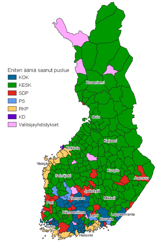 Liitekuvio 1. Kartta: Eniten ääniä saanut puolue kunnittain kuntavaaleissa 2021, koko maa