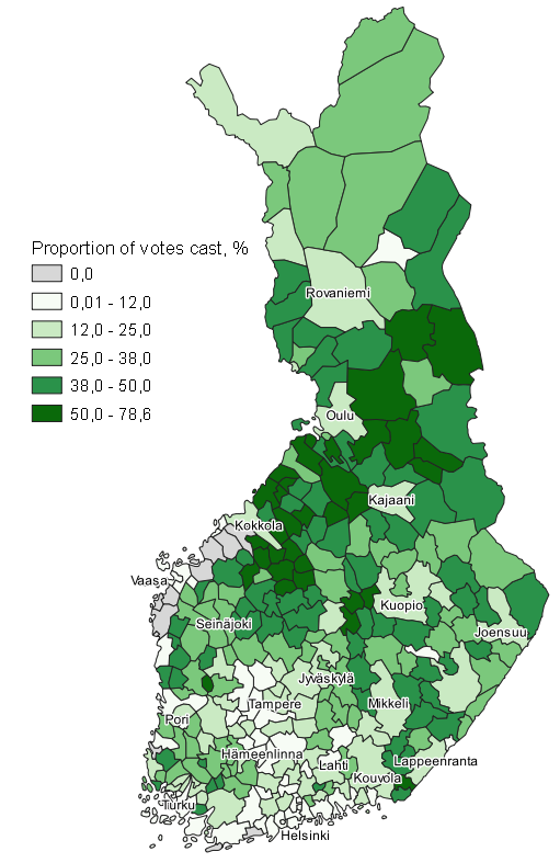 Appendix figure 5. Map: Support for the Centre Party by municipality in Municipal elections 2021, whole country