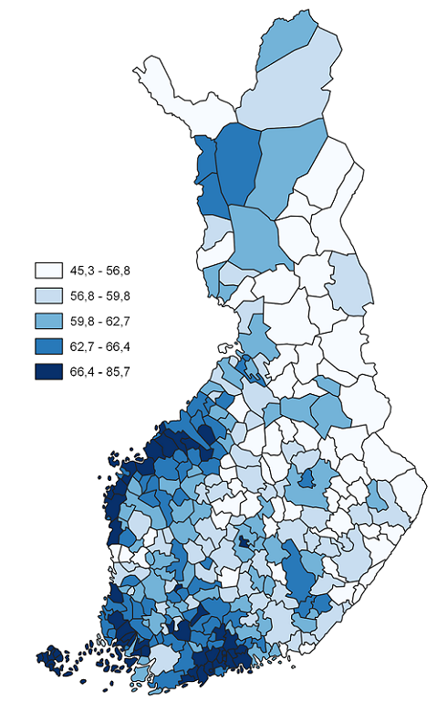 55–64-vuotiaiden tyllisyysaste kunnittain 2018, %